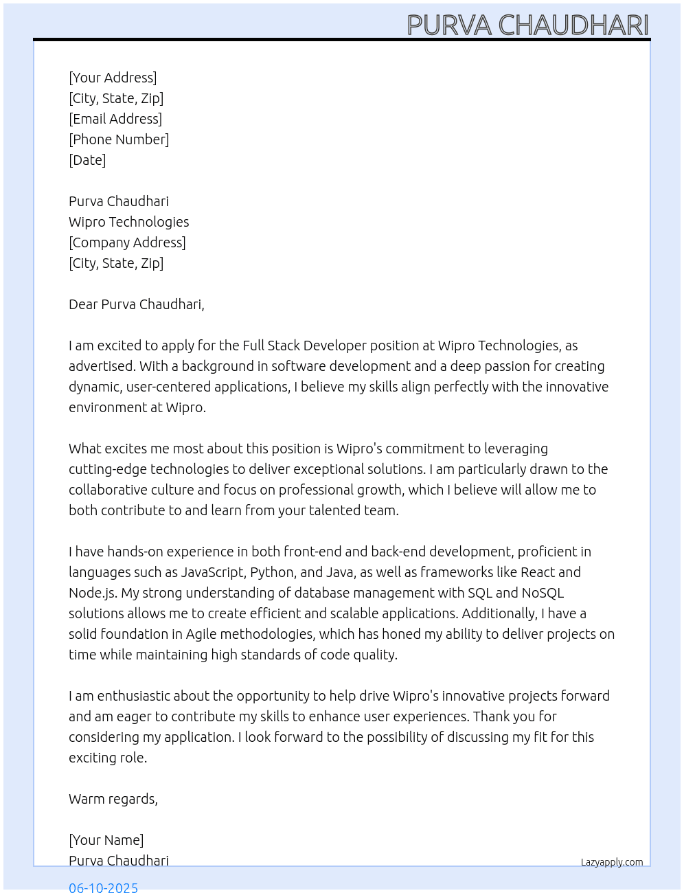 full stack developer At purva chaudahri Cover Letter