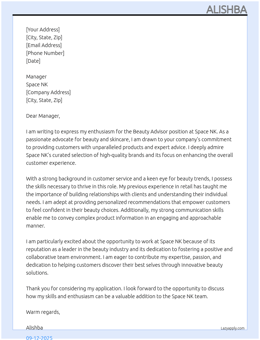 Beauty advisor At Space NK Cover Letter