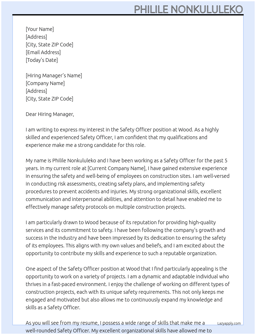 Safety officer  At Wood Cover Letter