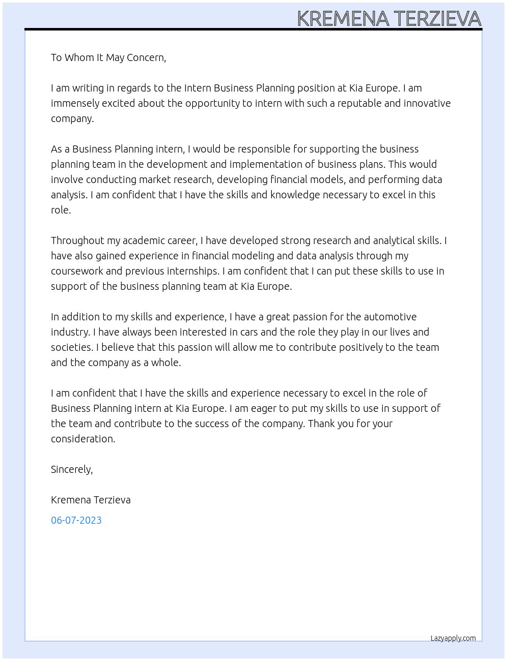 Intern Business Planning At Kia Europe Cover Letter