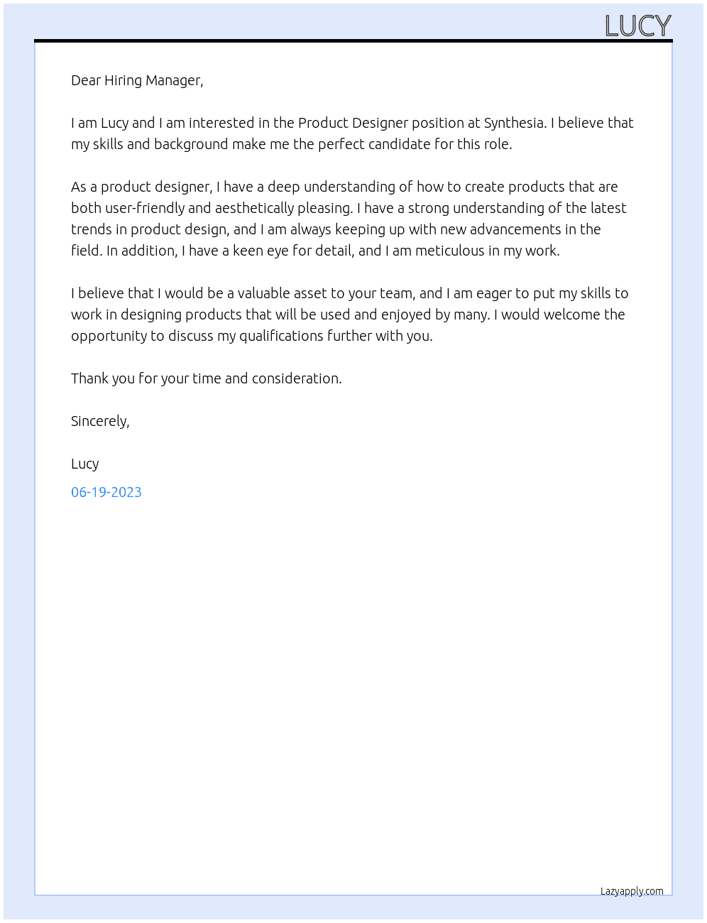 Product designer At Synthesia Cover Letter