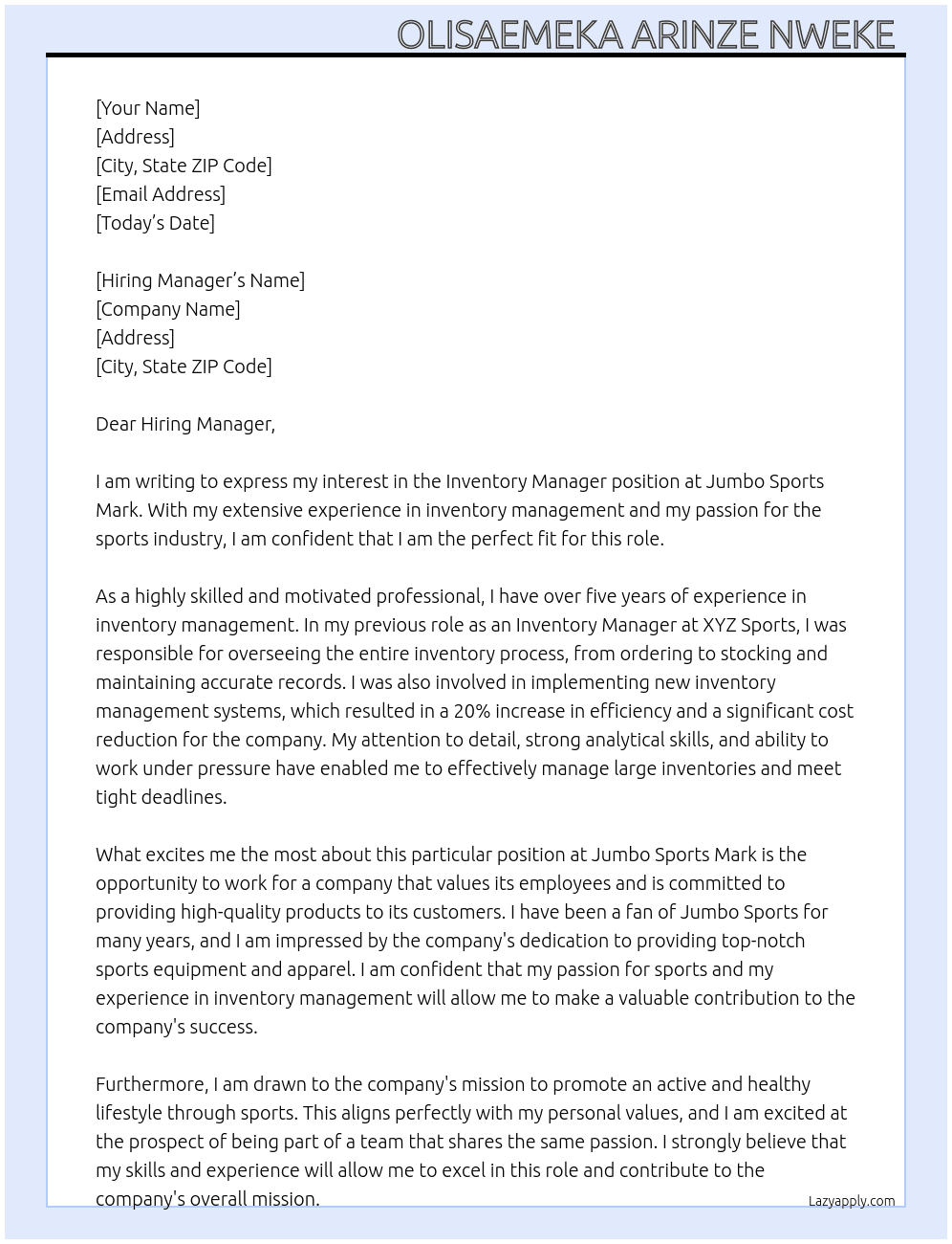 Inventory manager  At Jumbo sports mark Cover Letter