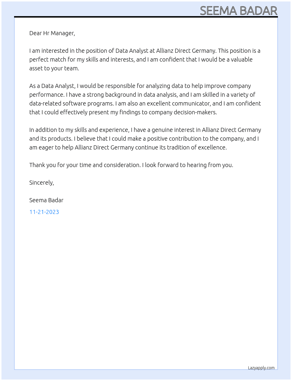 Data Analyst At Allianz Direct Germany Cover Letter