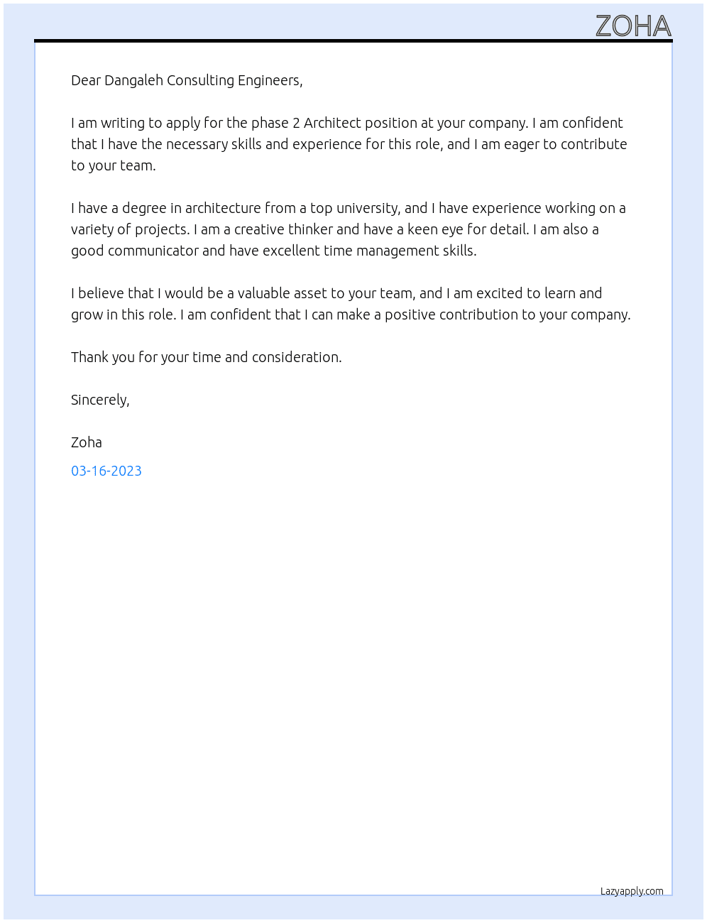phase 2 Architect At Dangaleh Consulting Engineers Cover Letter