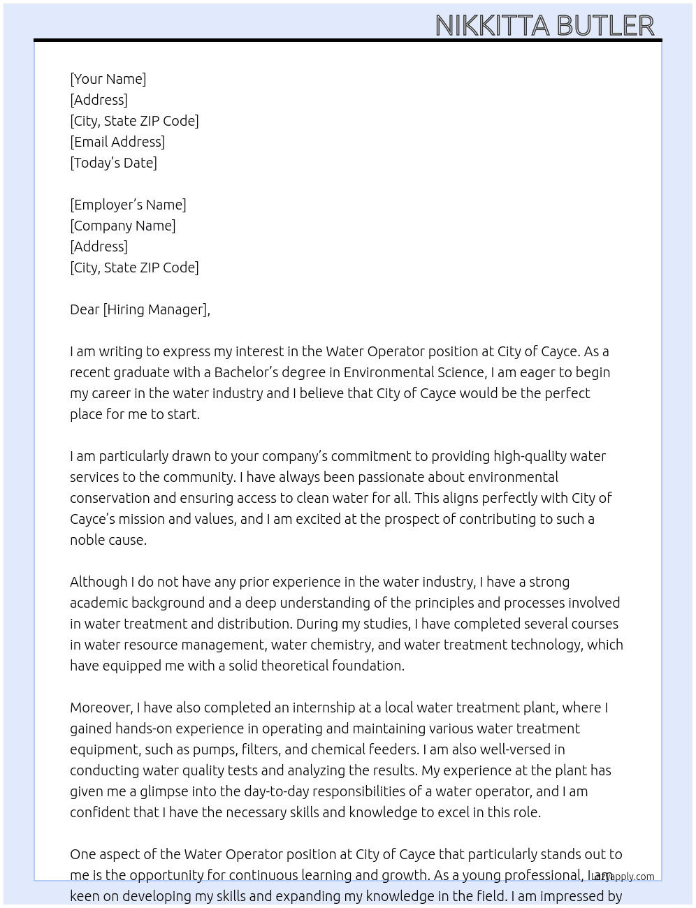 Water operator  no experience  At City of Cayce  Cover Letter