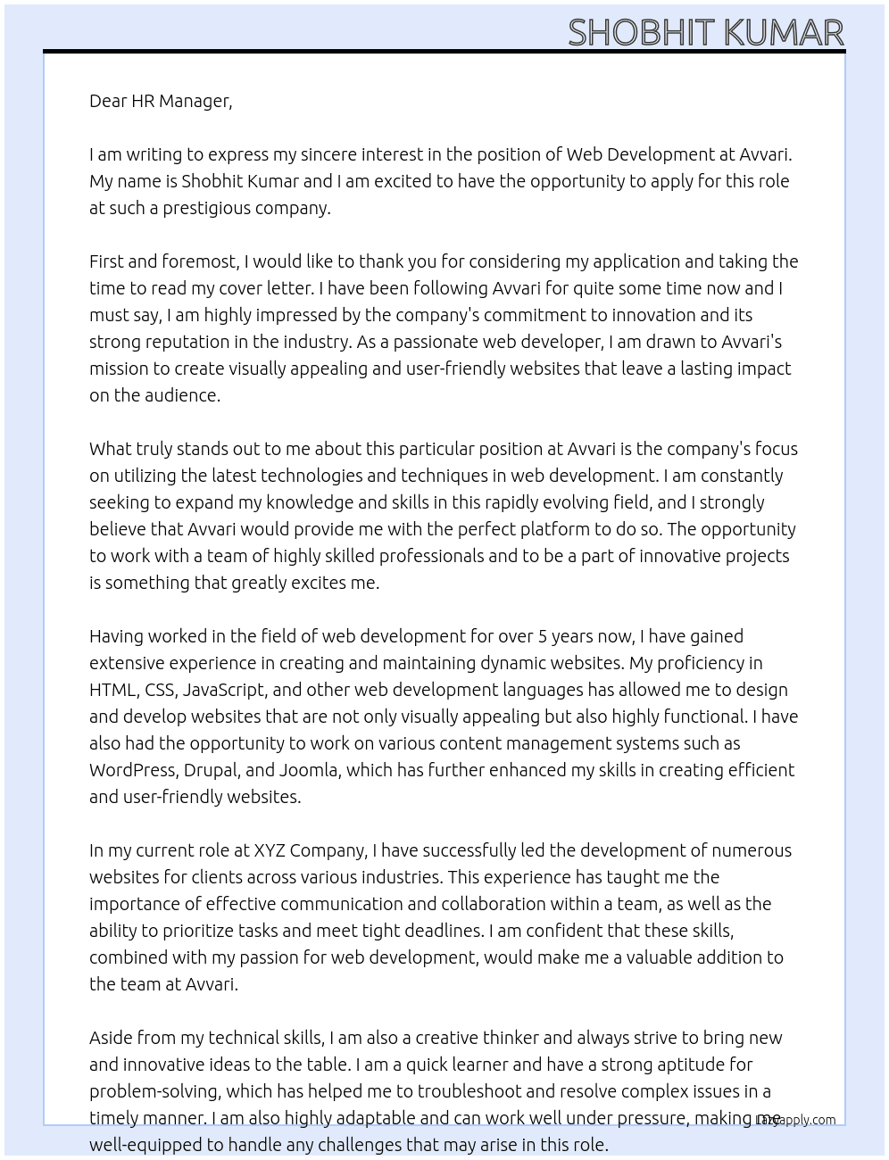 Web Development At Avvari Cover Letter