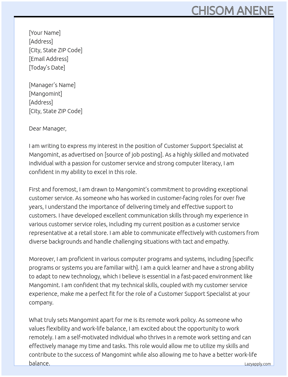 customer support specialist At Mangomint Cover Letter