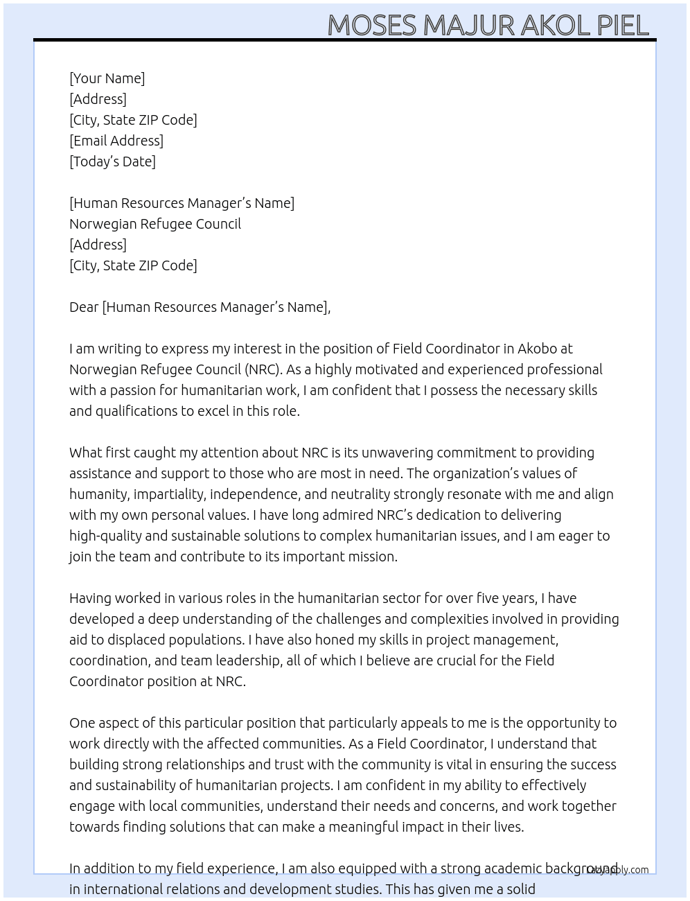 Field Coordinator in Akobo At Norwegian Refugee Council (NRC) Cover Letter