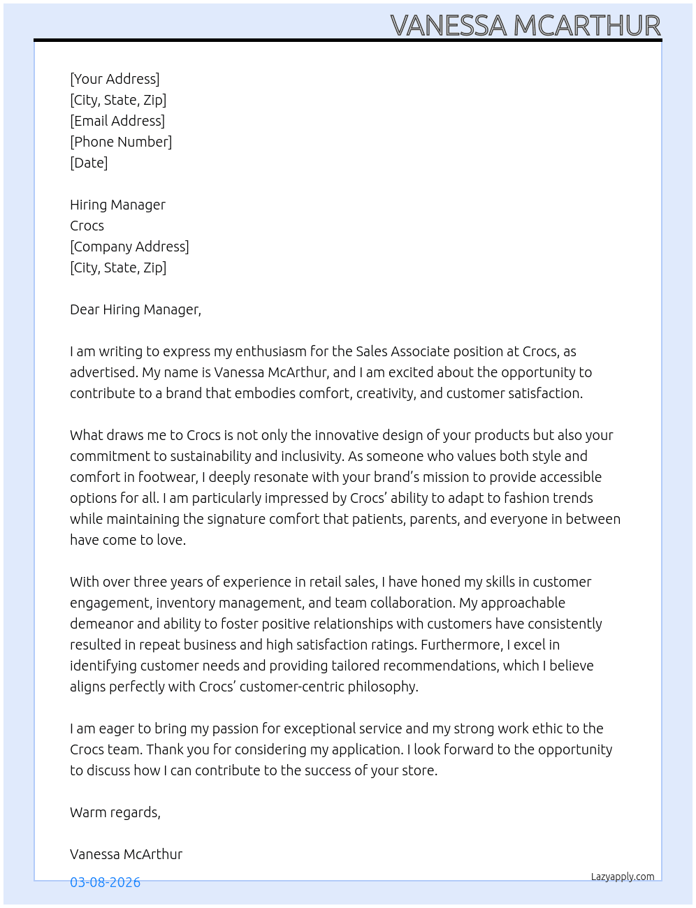 Sales associate  At Crocs  Cover Letter