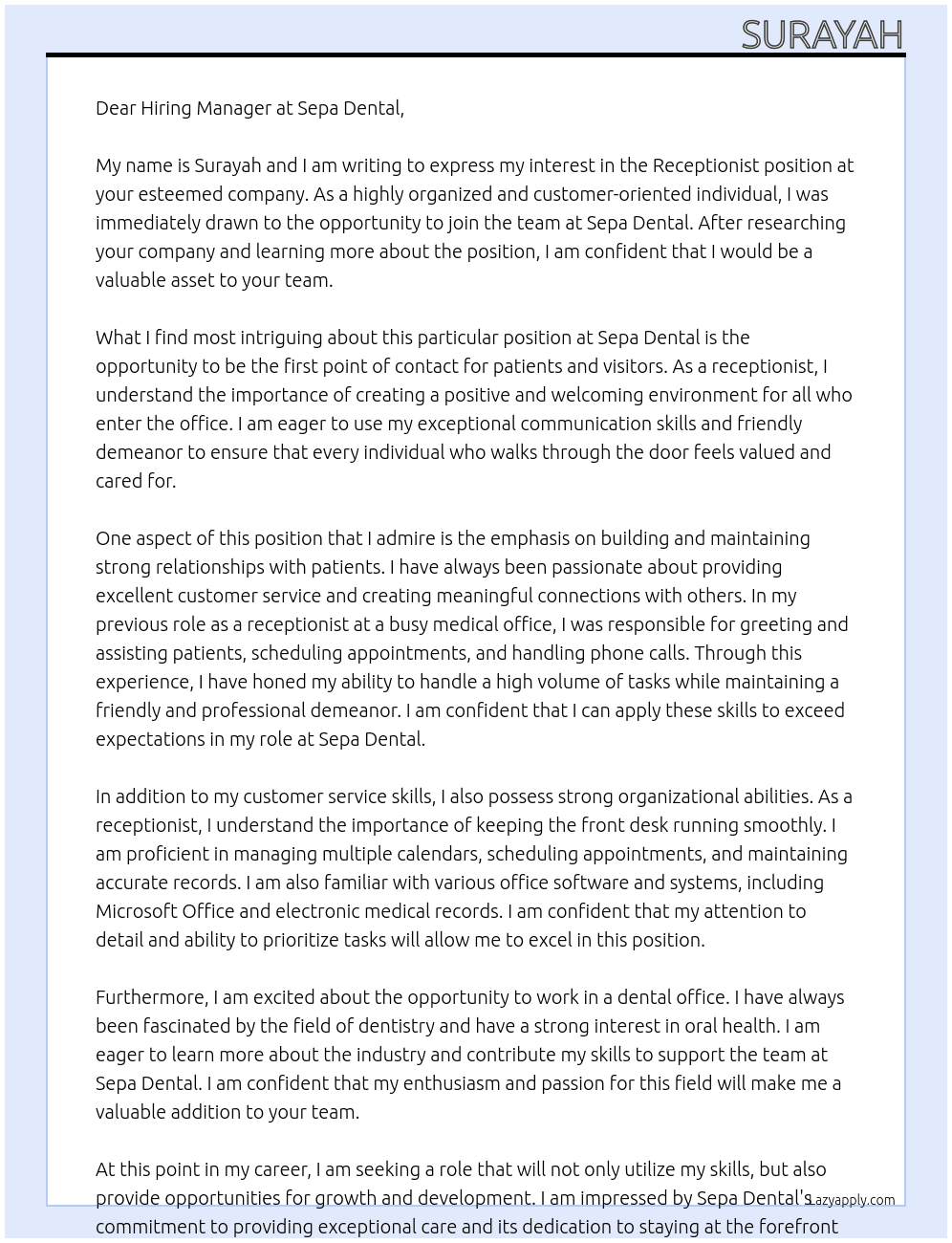 Receptionist  At Sepa dental Cover Letter