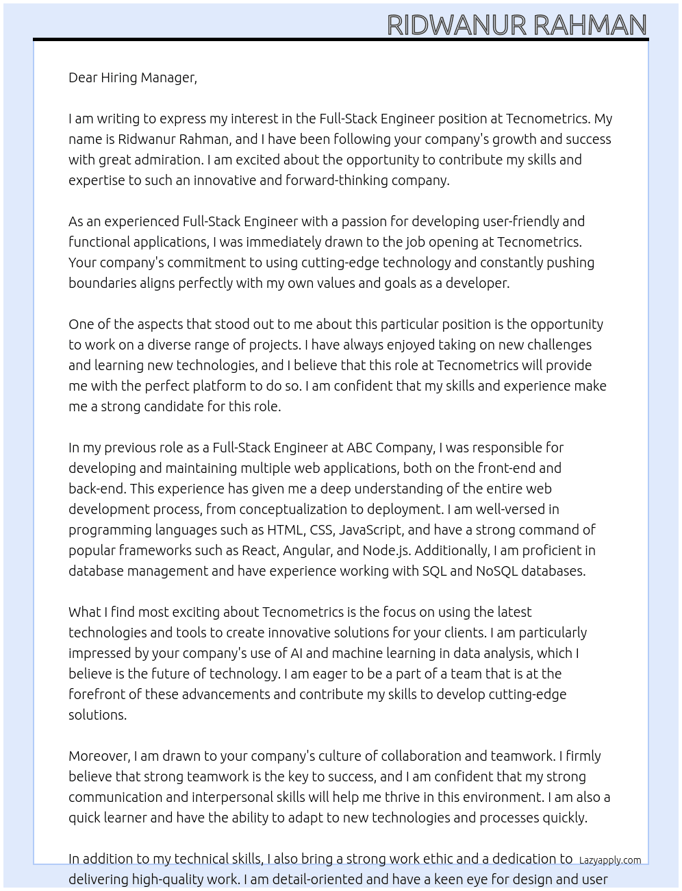 Full-Stack Engineer At tecnometrics Cover Letter