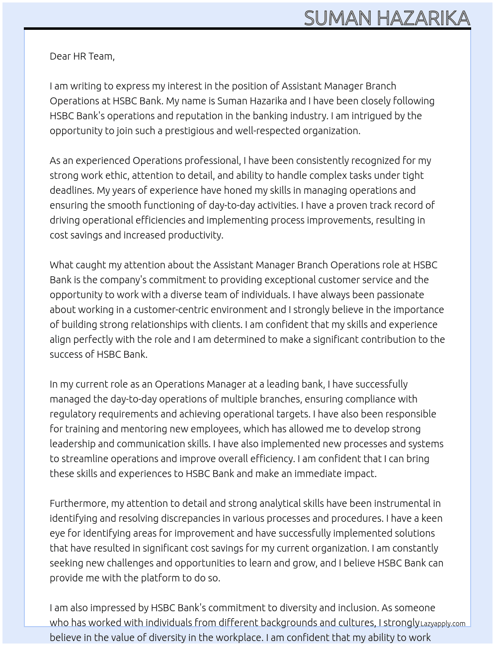 Assistant manager Branch Operations  At HSBC Bank Cover Letter