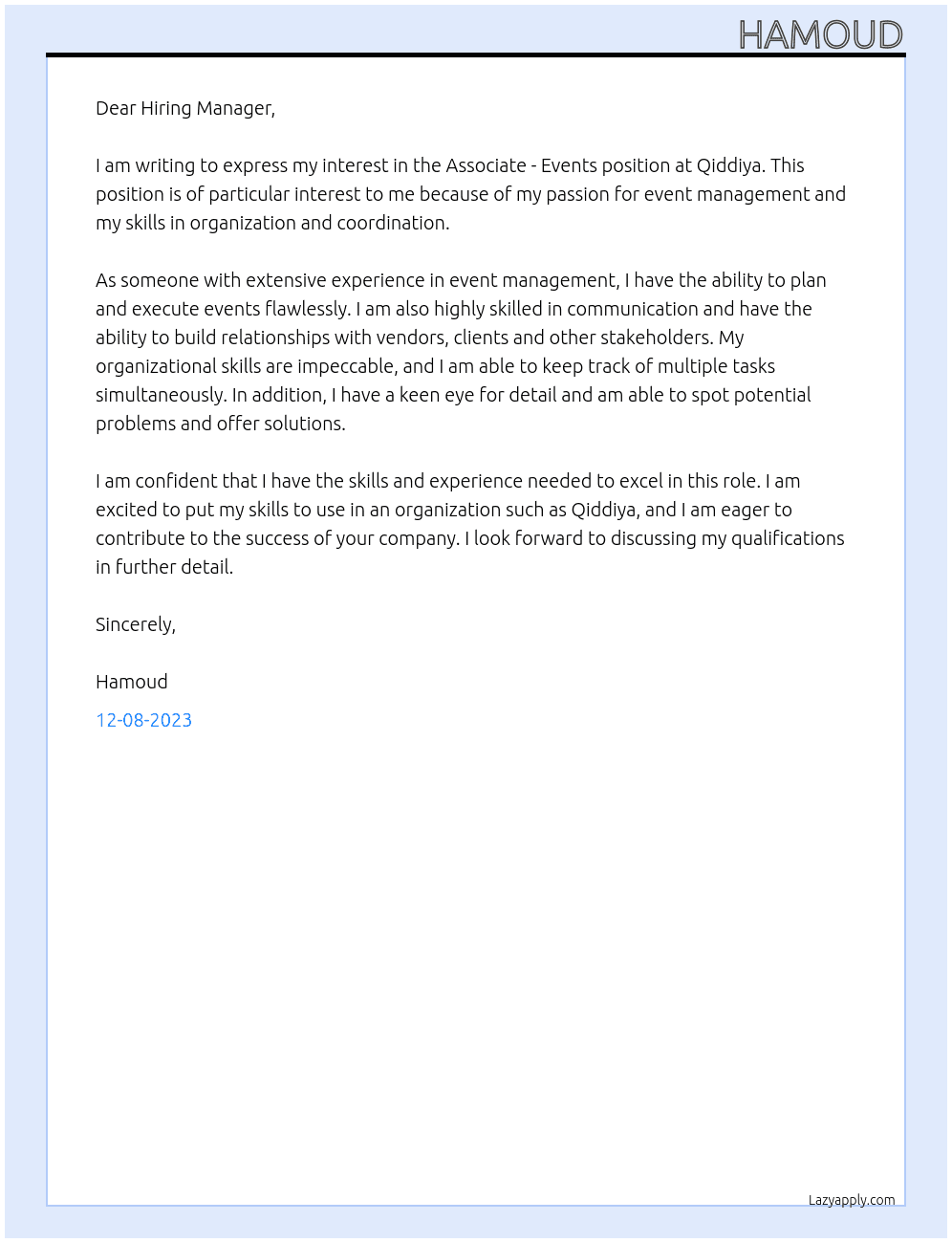 Associate - Events At Qiddiya Cover Letter