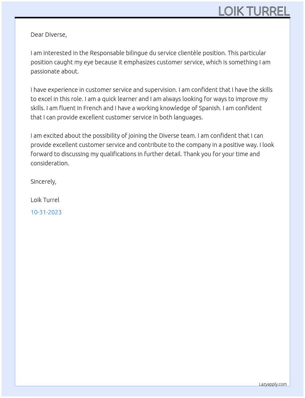 Responsable bilingue du service clientèle At diverse Cover Letter
