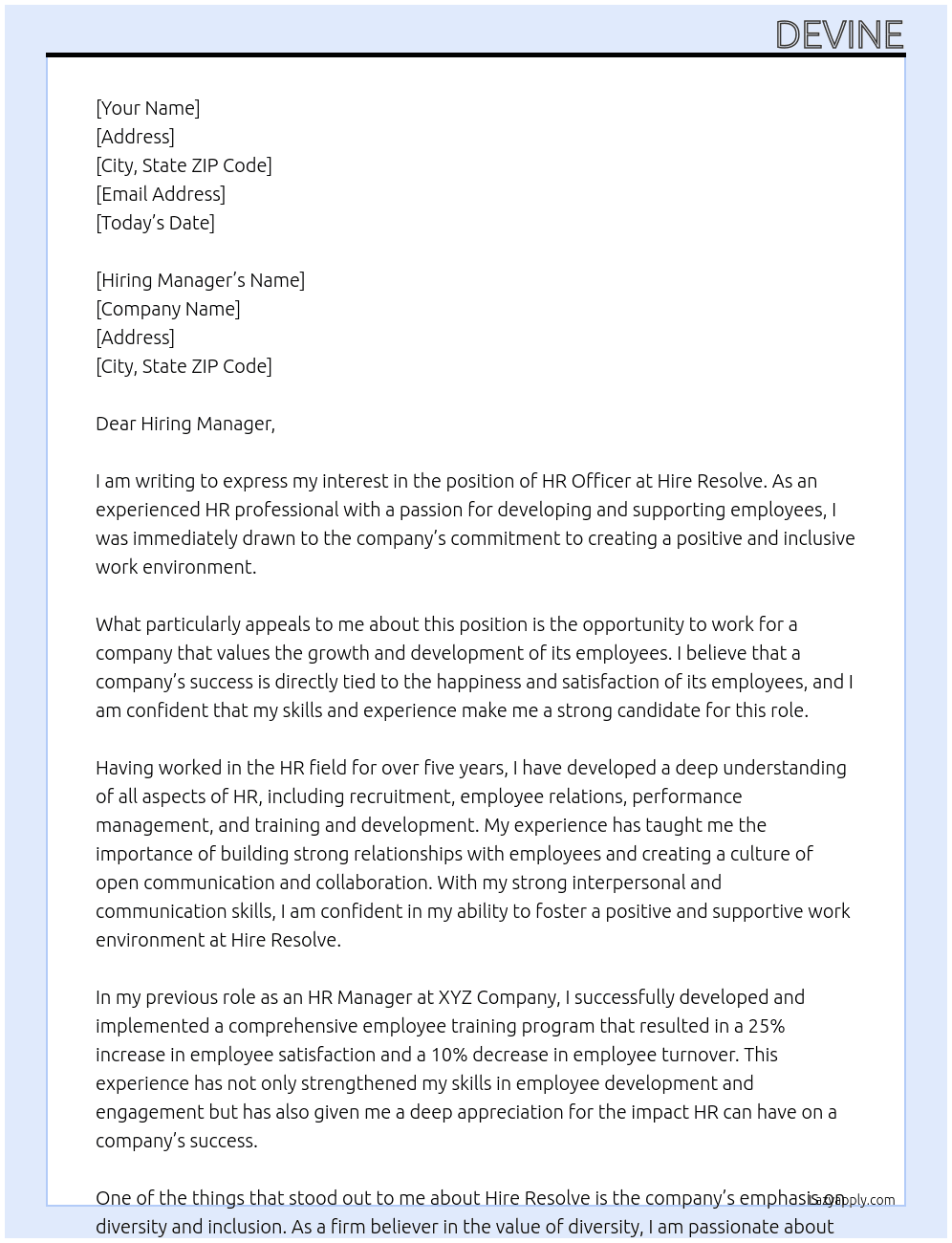 HR OFFICER At HIRE RESOLVE Cover Letter