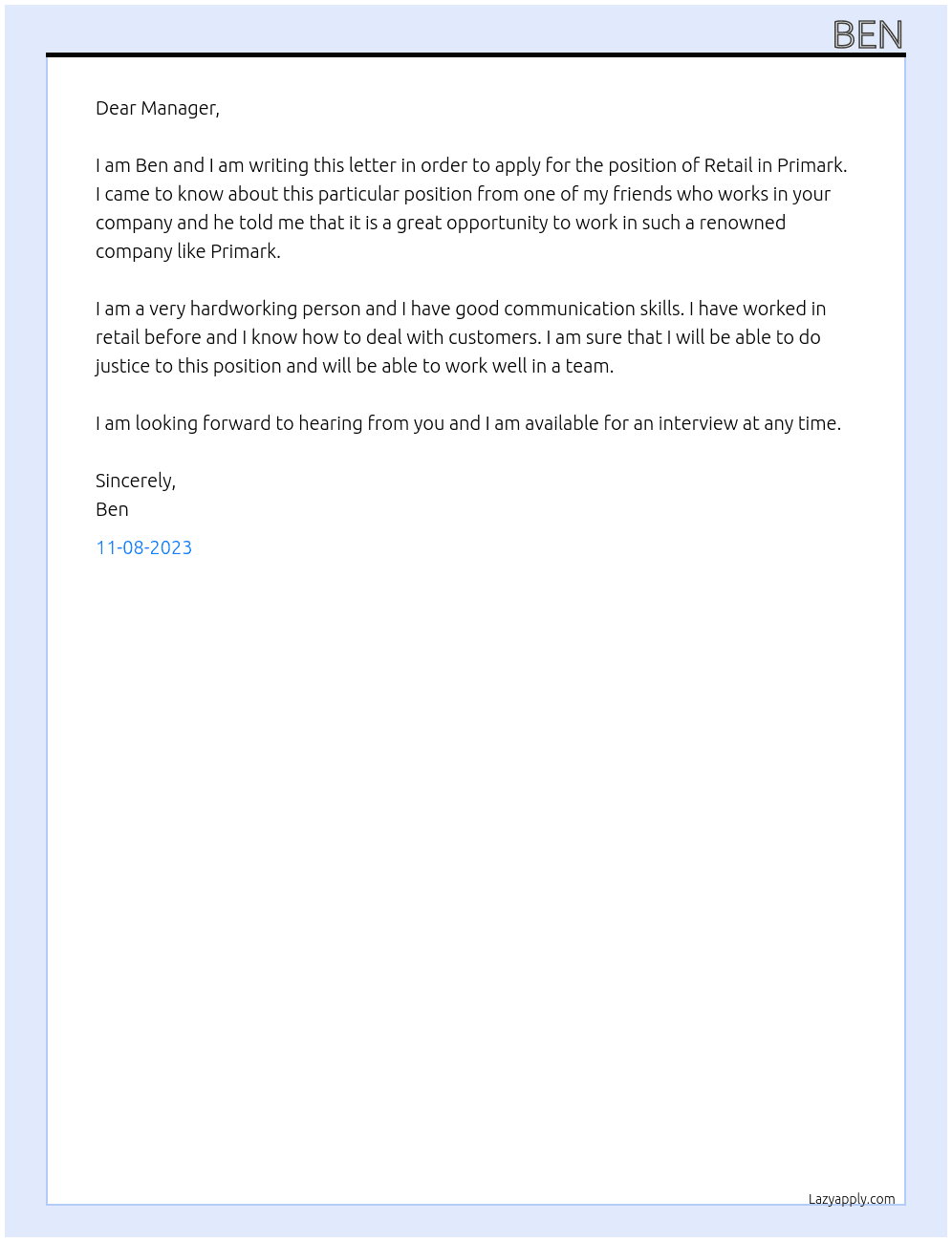 Retail At Primark Cover Letter