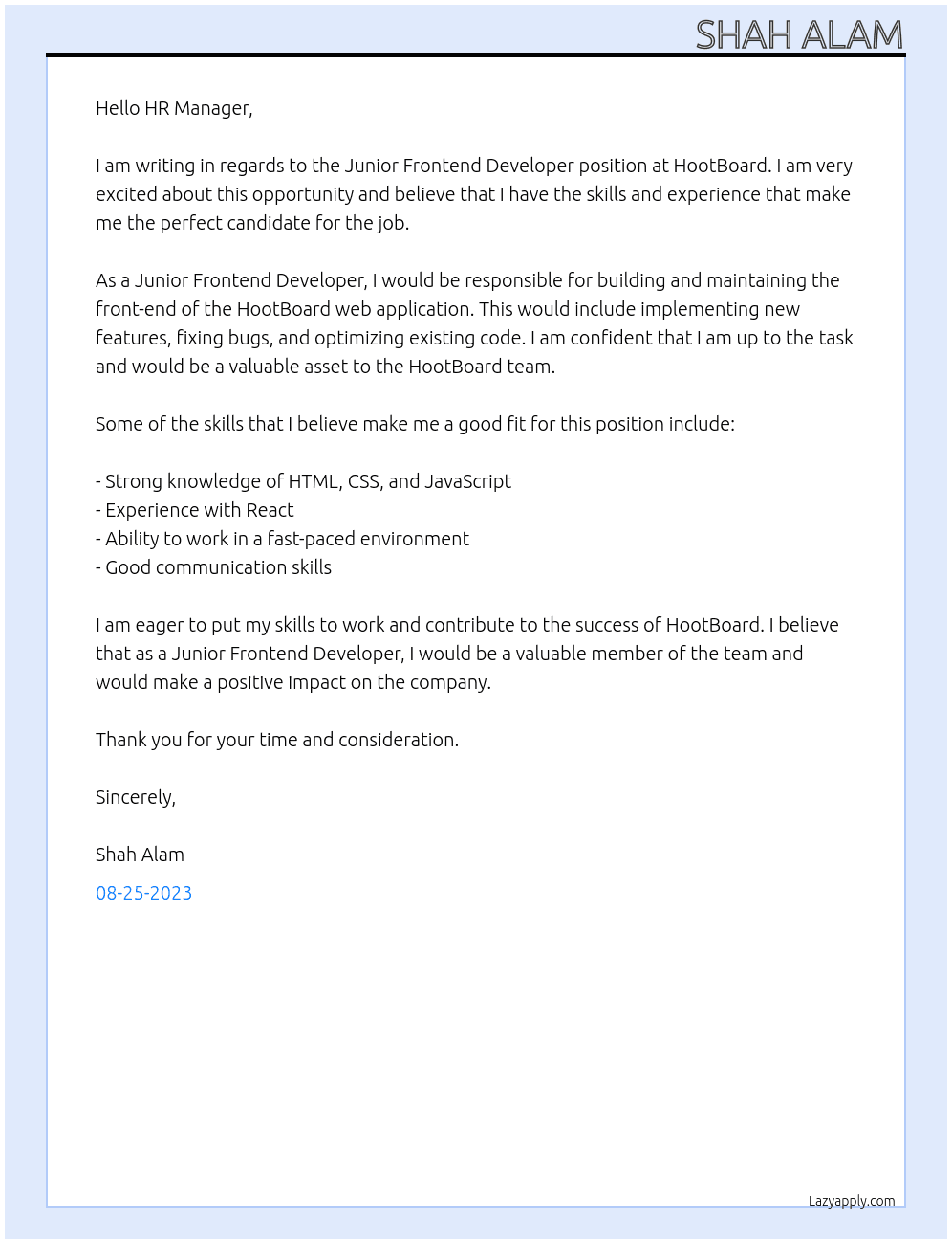 Junior Frontend Developer  At  HootBoard Cover Letter