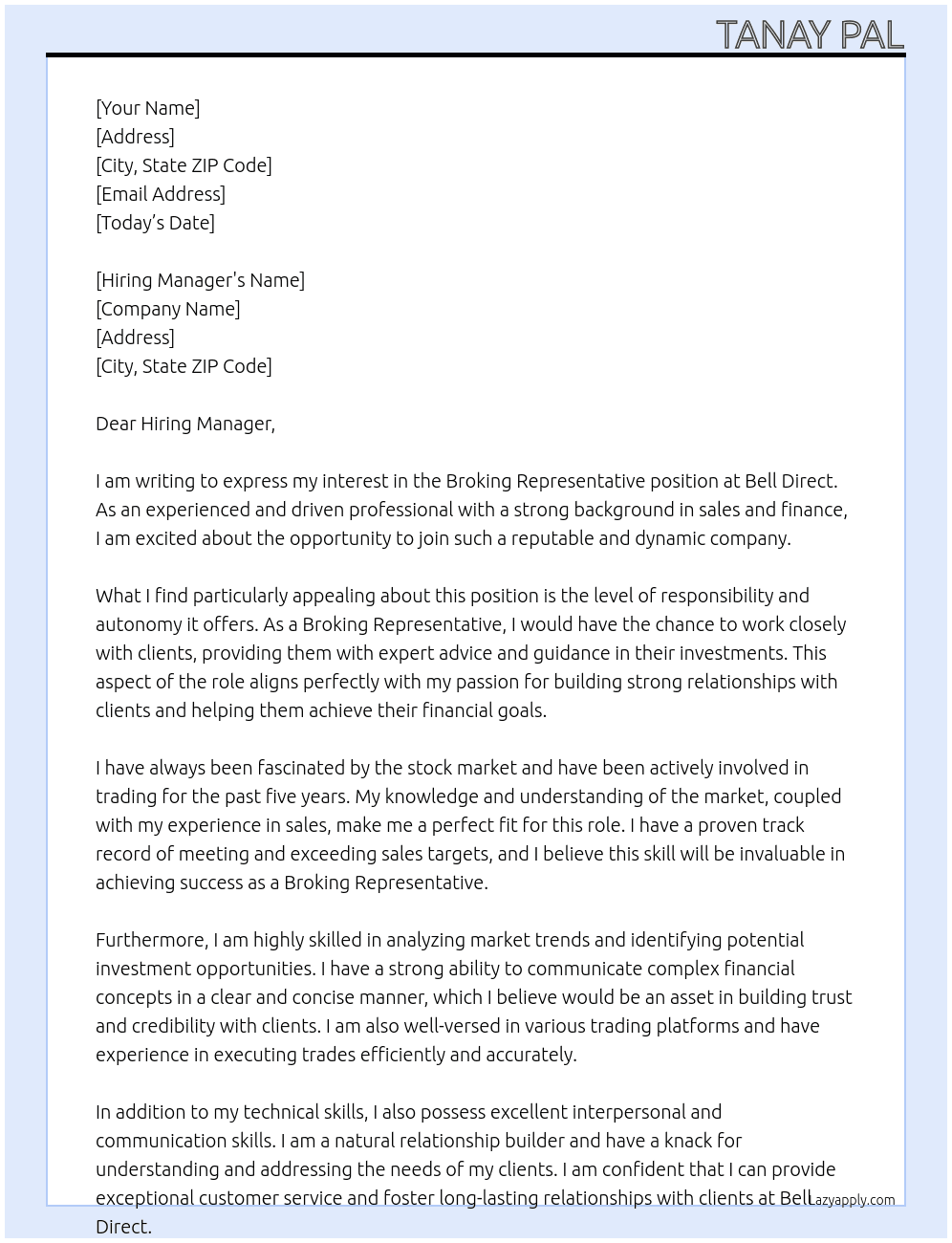 Broking Representative At Bell Direct Cover Letter