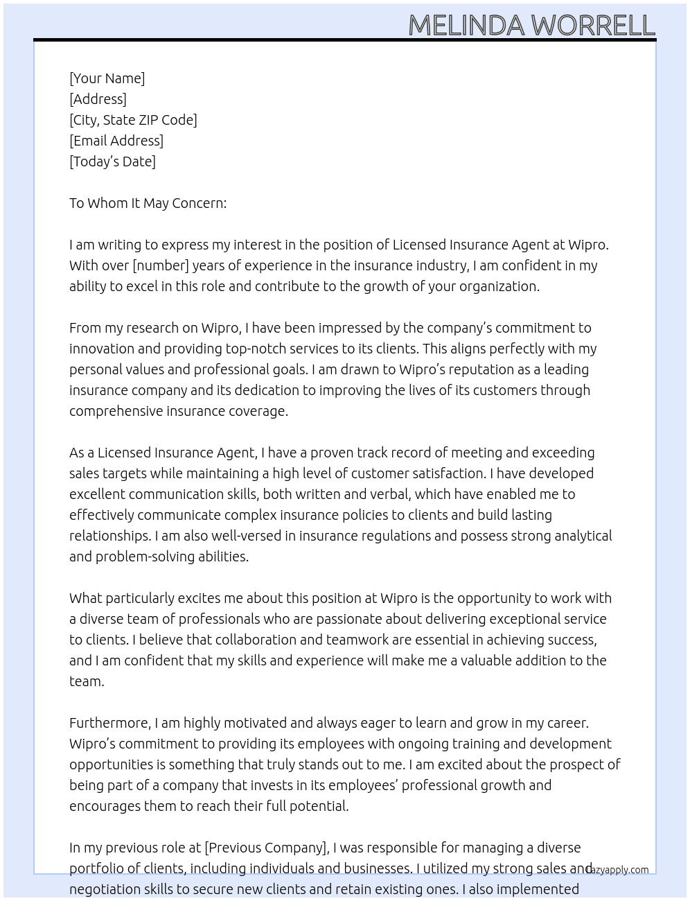Licensed Insurance Agent At Wipro Cover Letter