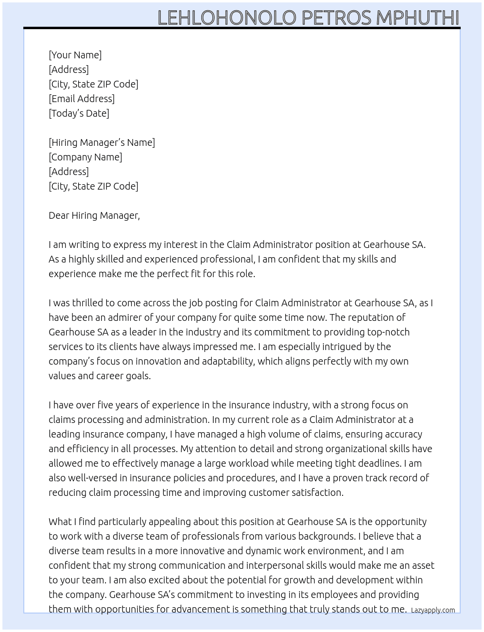 Cover letter for claim administrator - LazyApply