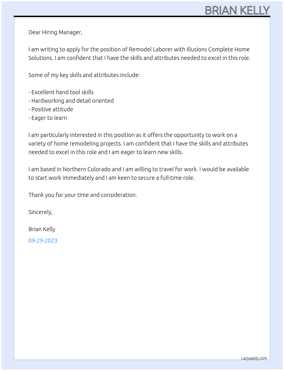 Remodel Laborer At Illusions Complete Home Solutions Cover Letter