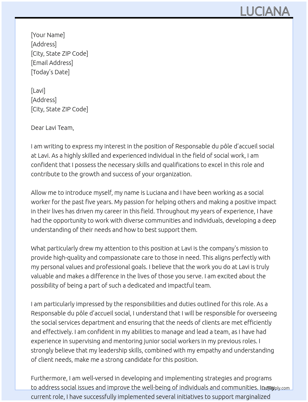Responsable du pôle d’accueil social At LAVI Cover Letter