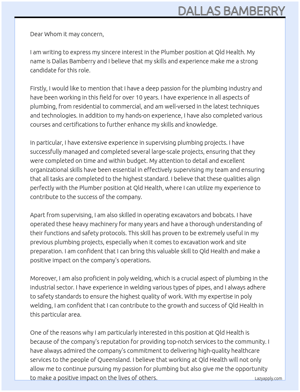Plumber  At Qld health  Cover Letter