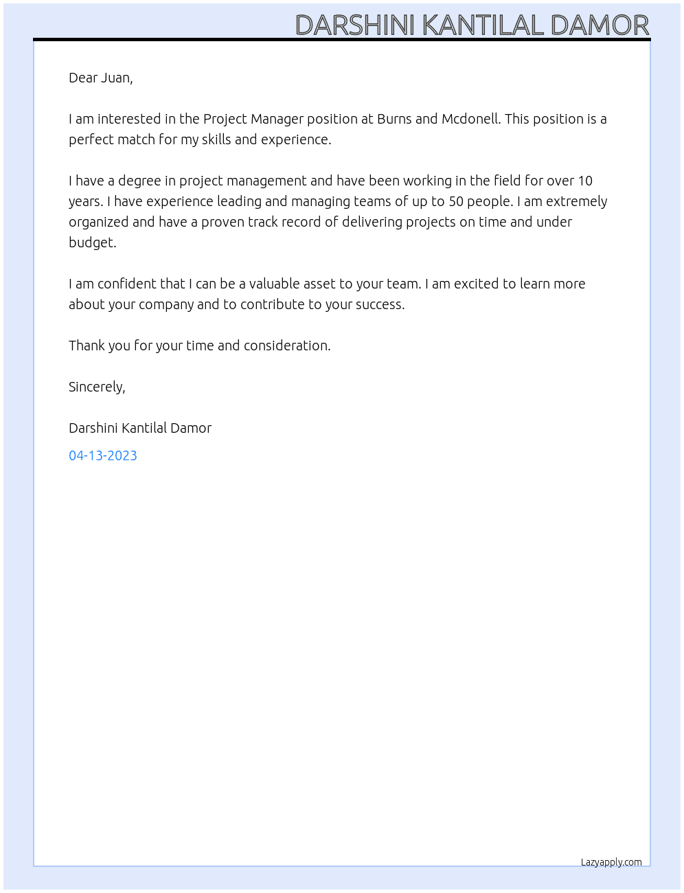 Project manager At Burns and Mcdonell Cover Letter