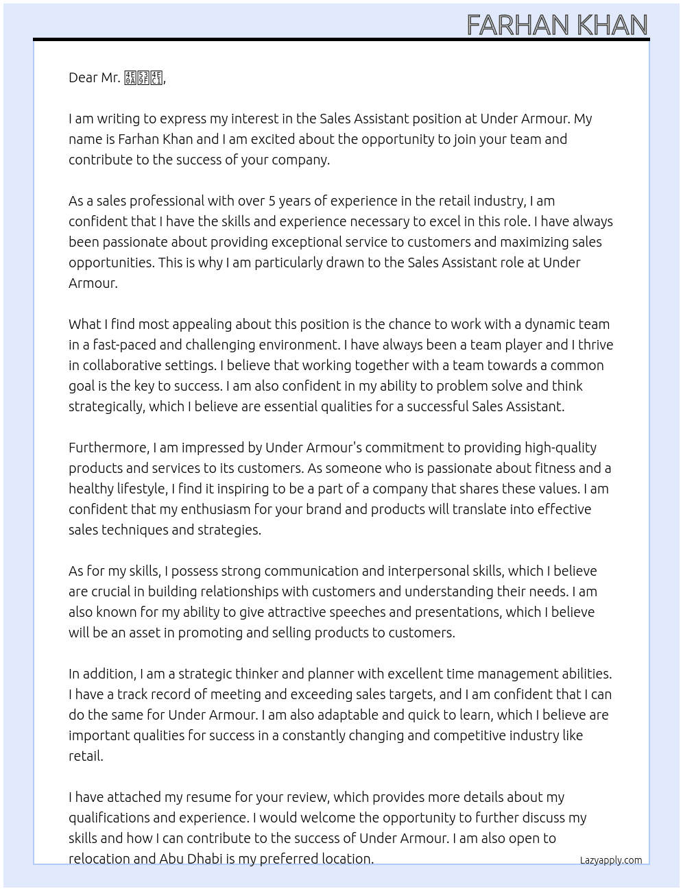 Sales Assistant  At Under Armour Cover Letter