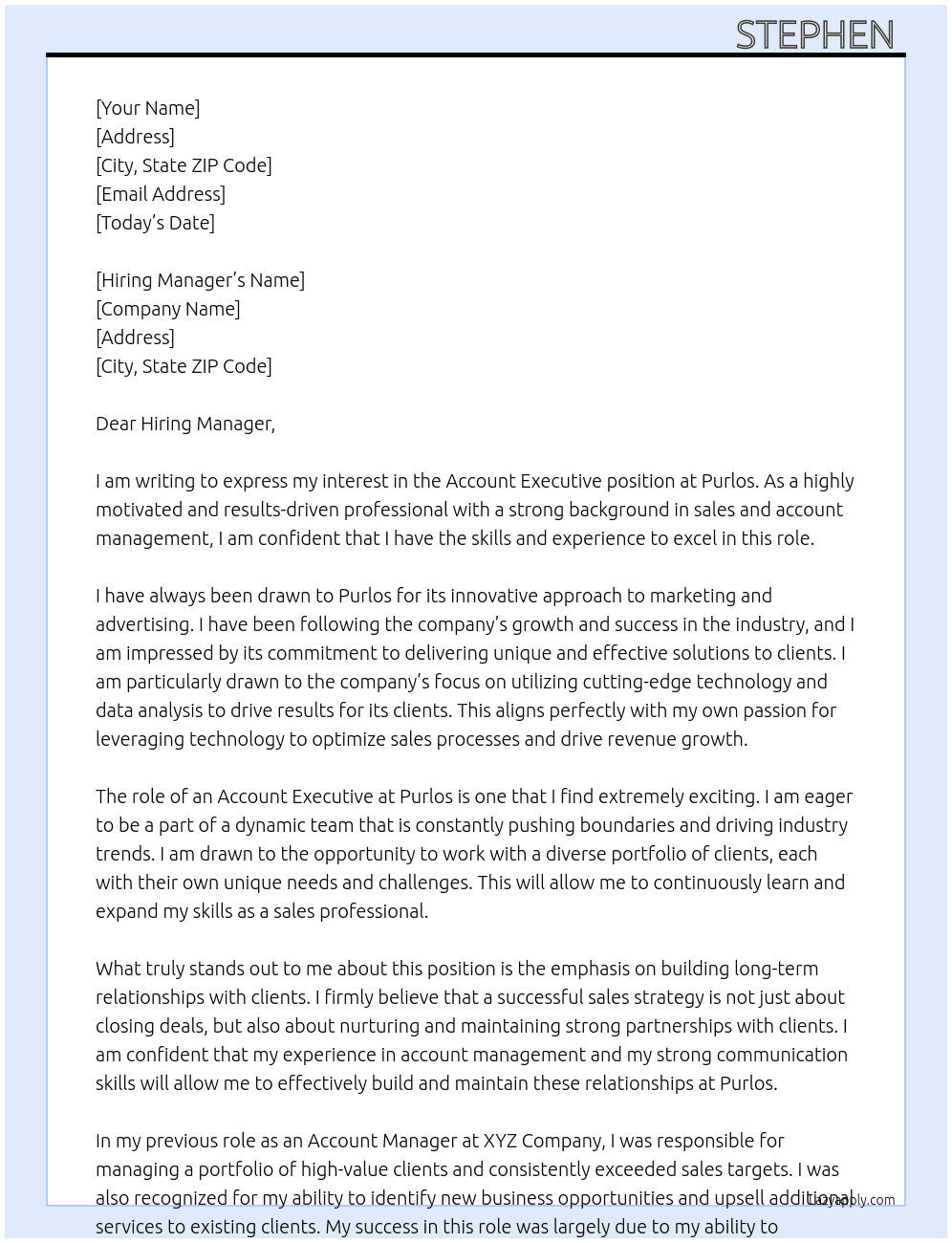 Account Executive  At Purlos Cover Letter