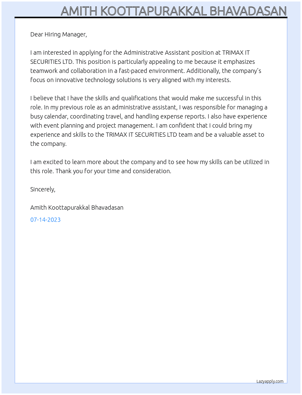Administrative Assistant  At TRIMAX IT SECURITIES LTD Cover Letter