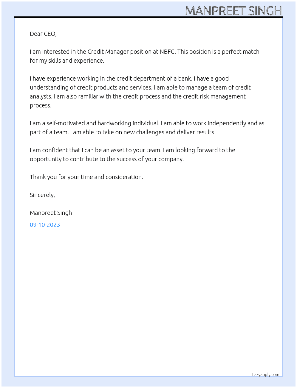 Credit Manager At NBFC Cover Letter