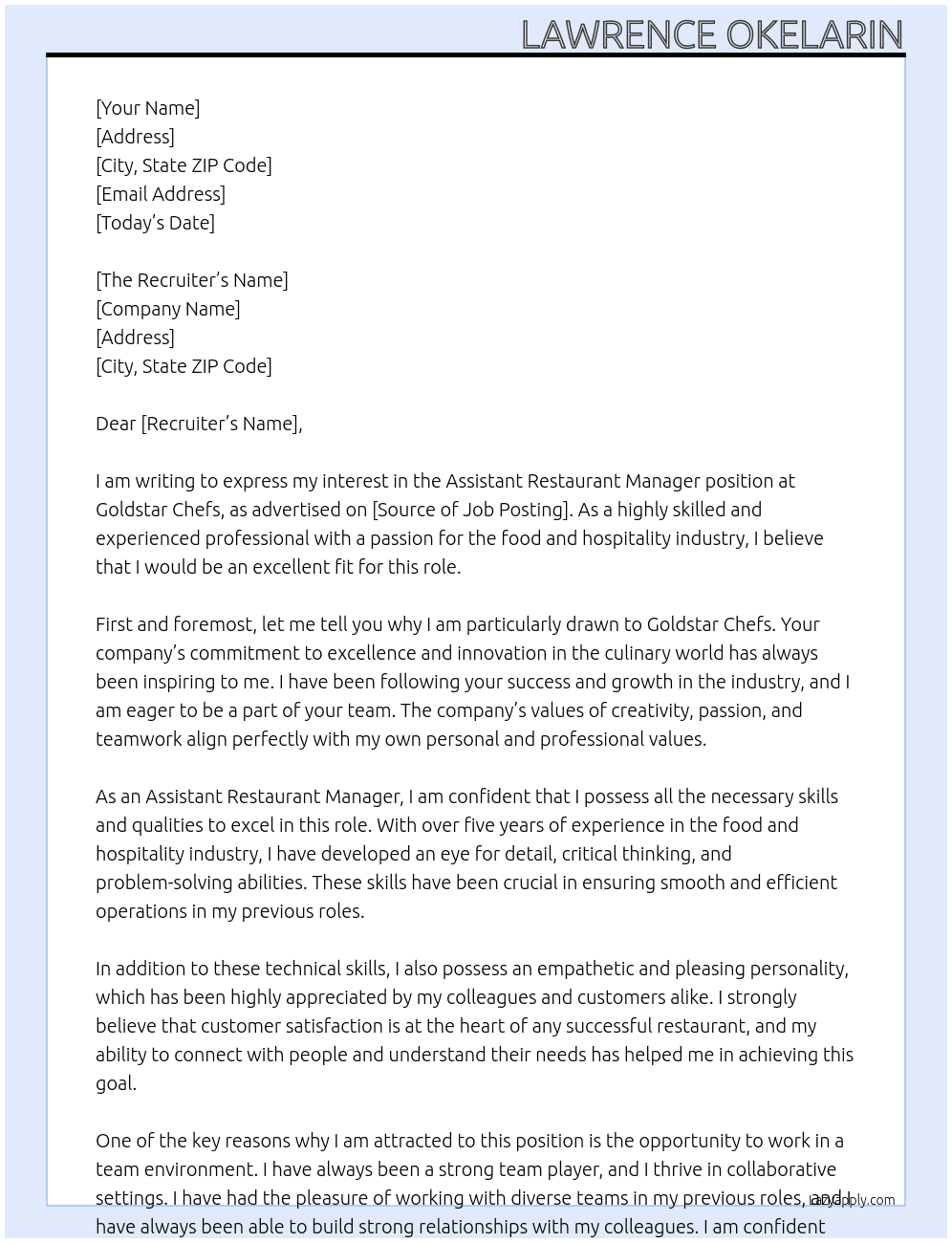 Assistant Restaurant manager At Goldstar Chefs Cover Letter