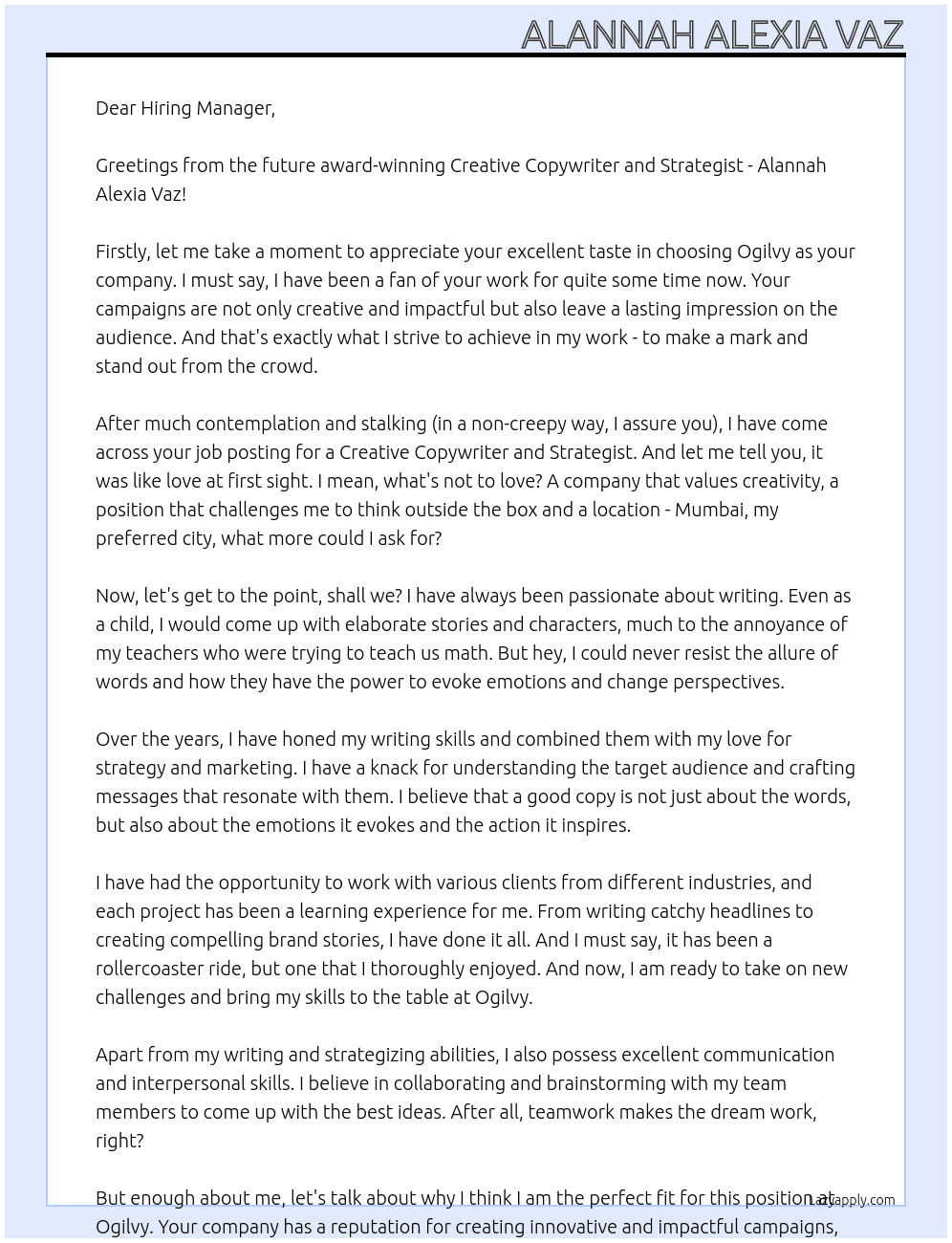 Creative Copywriter and Strategist At Ogilvy Cover Letter
