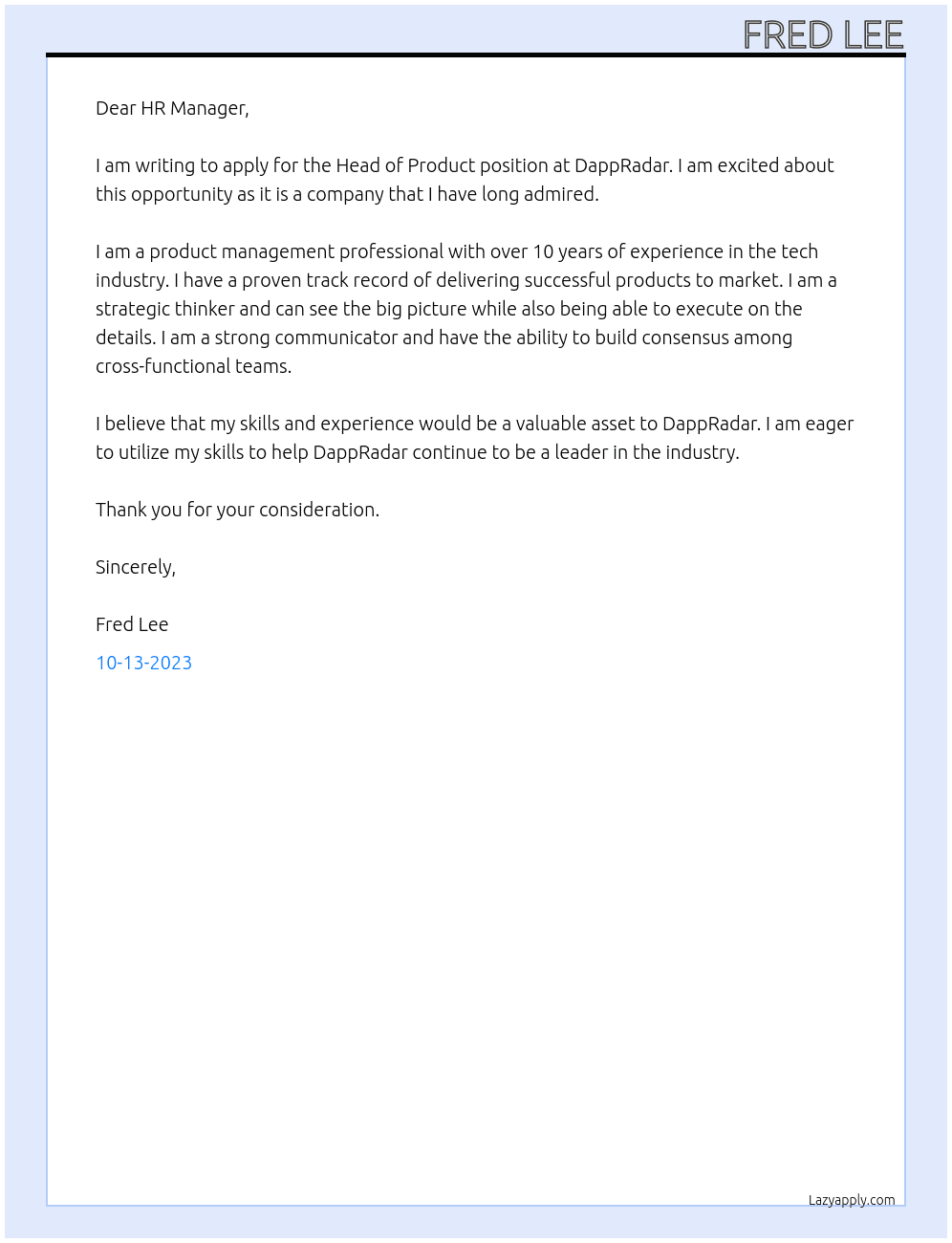 Head of Product At DappRadar Cover Letter