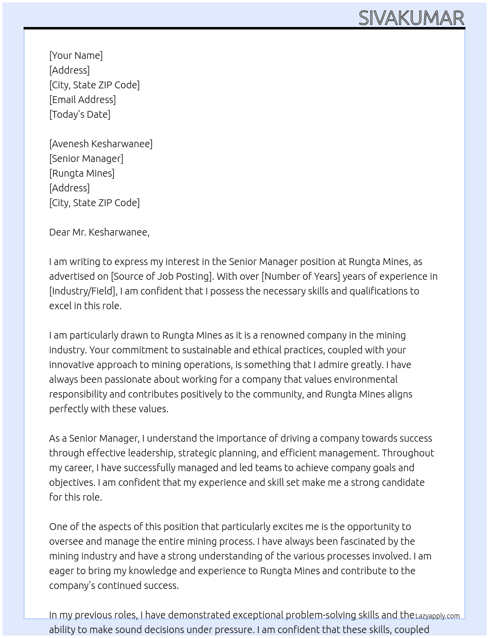 Sr manager At Rungta Mines Cover Letter
