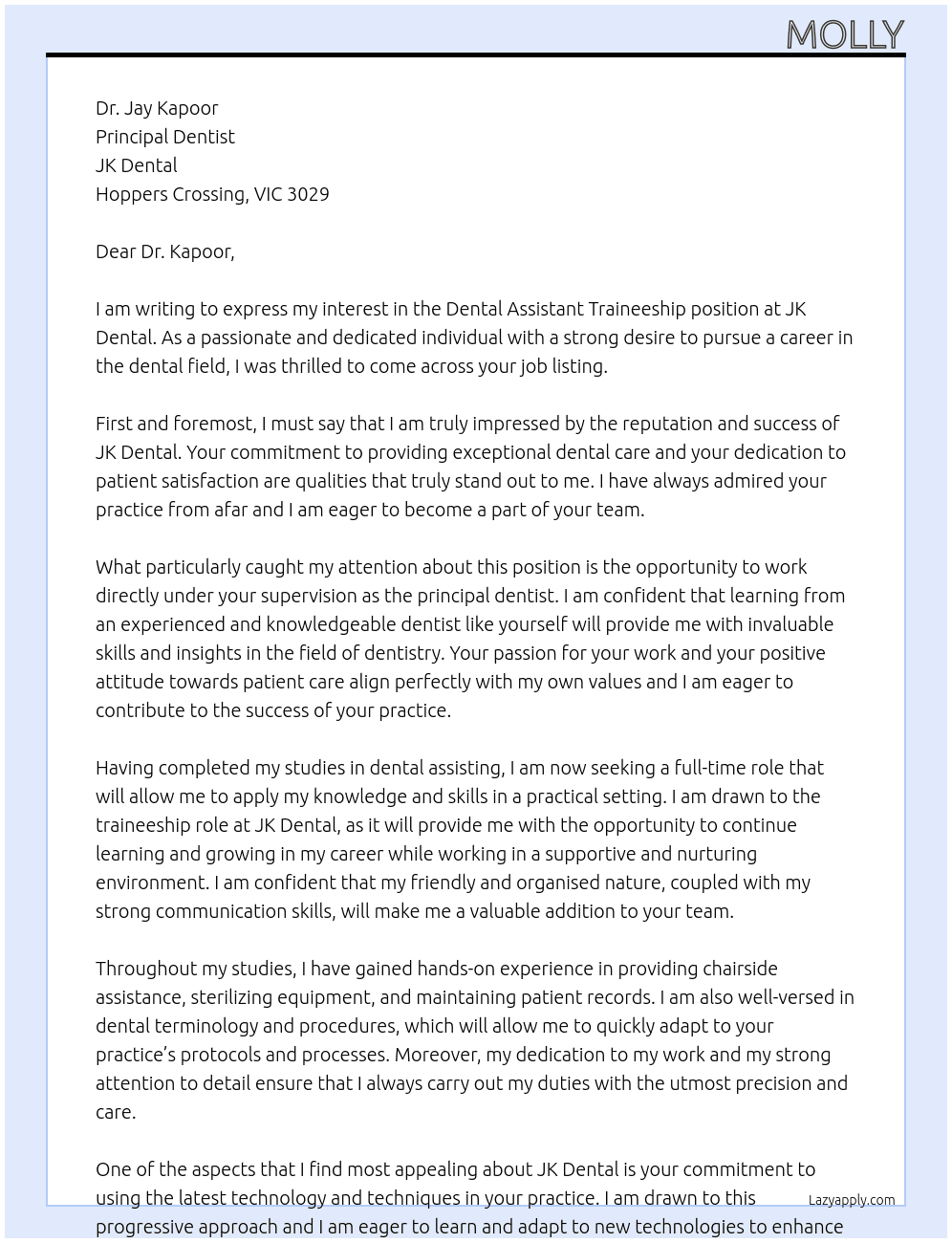 Dental Assistant Traineeship At JK Dental Cover Letter