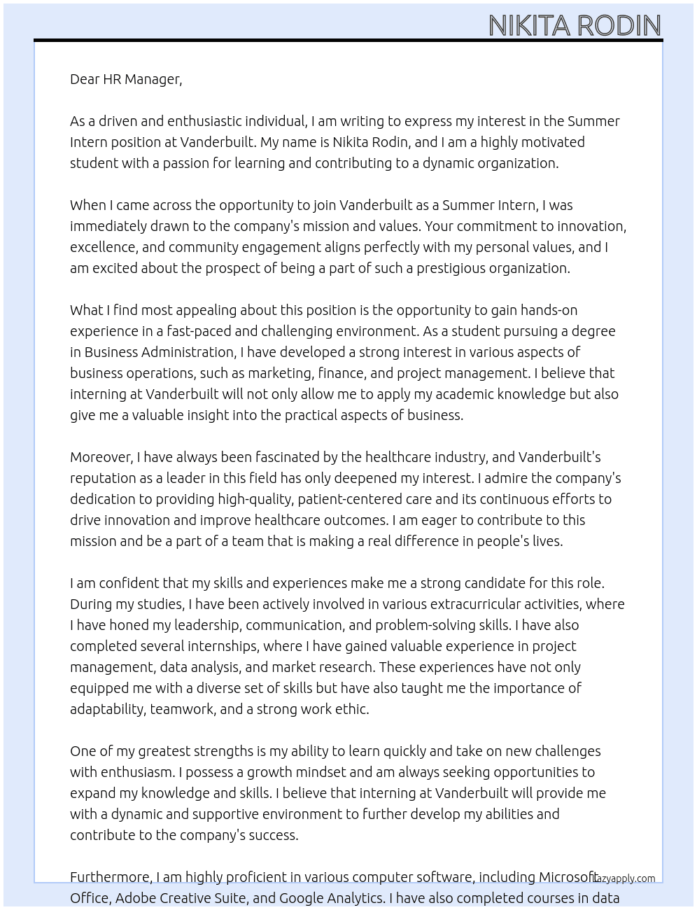 Summer Intern At Vanderbuilt Cover Letter