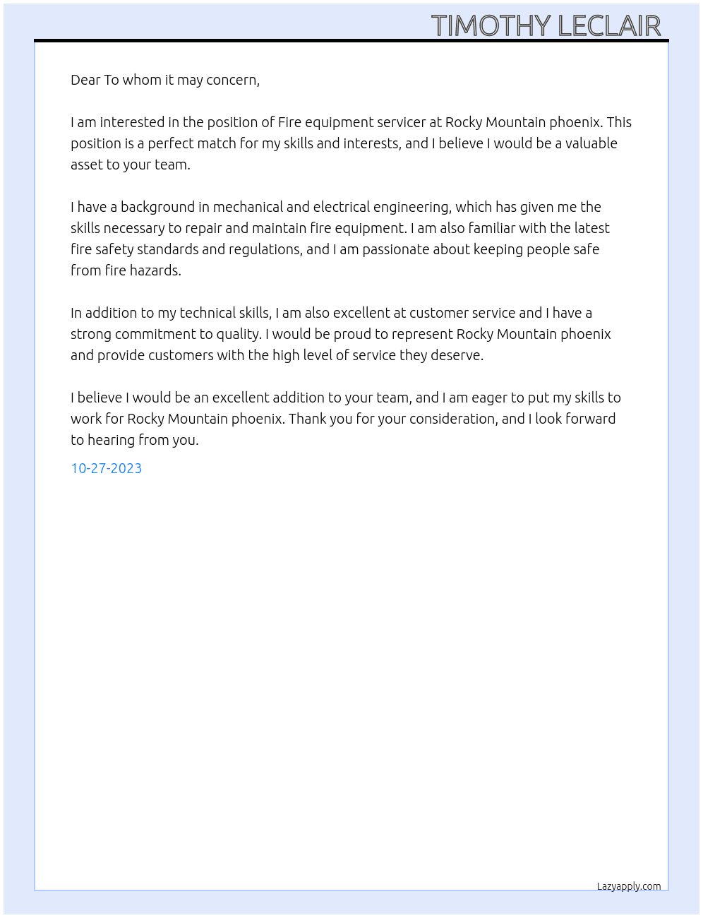 Fire equipment servicer At Rocky Mountain phoenix  Cover Letter