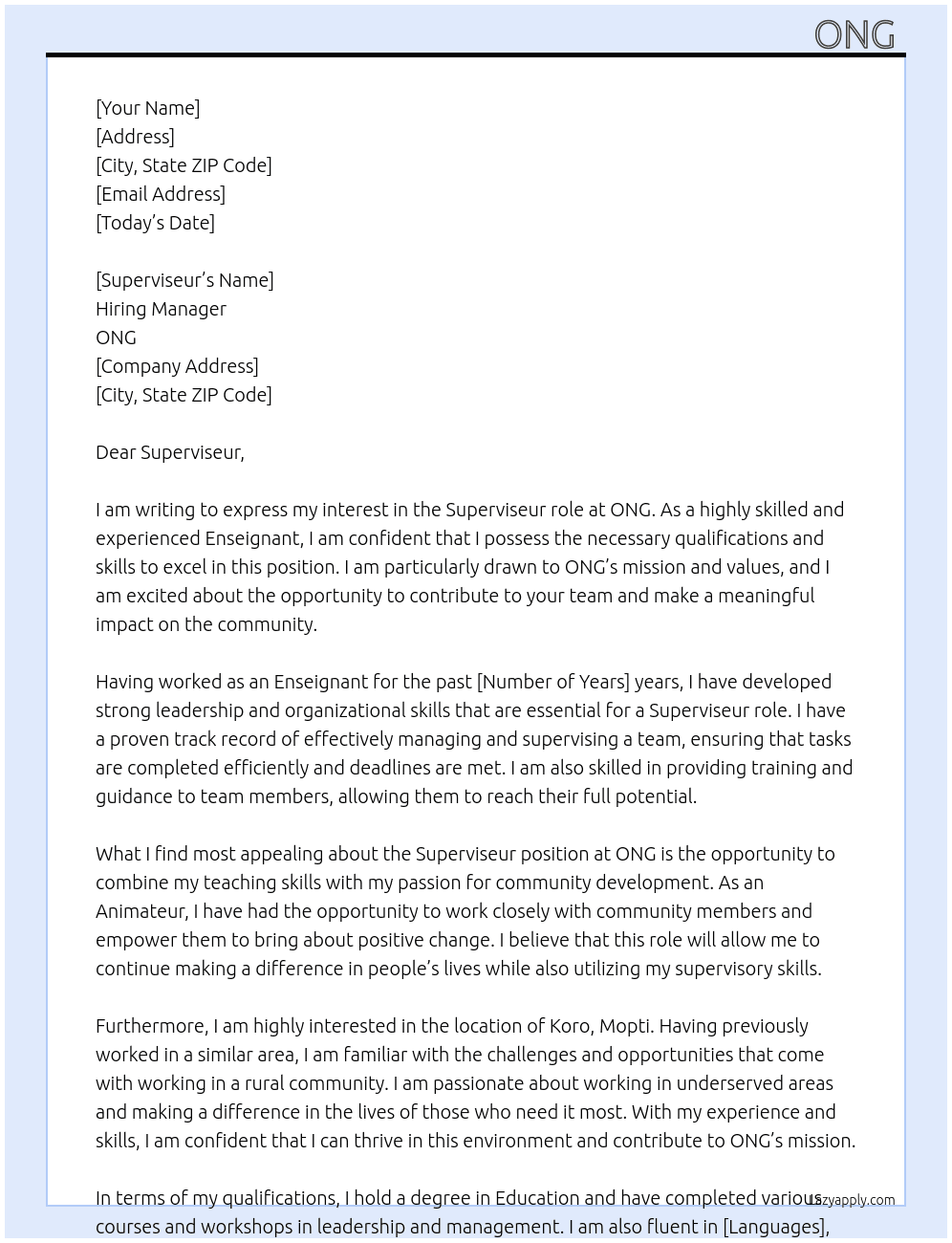 Superviseur  At ONG  Cover Letter