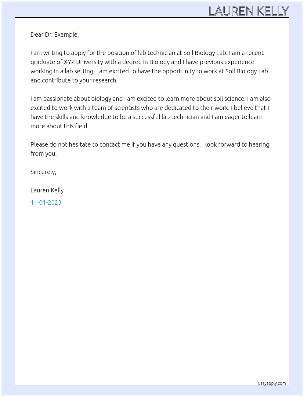 lab technician At Soil Biology Lab Cover Letter