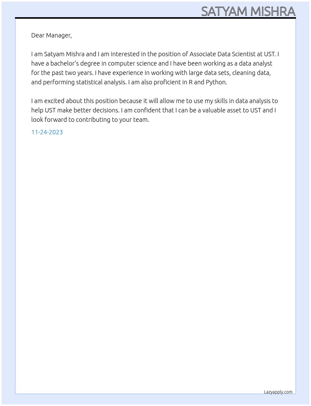 ASSOCIATE DATA SCIENTIST  At UST Cover Letter