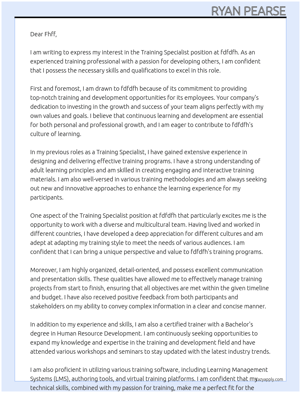 Training Specialist At fdfdfh Cover Letter