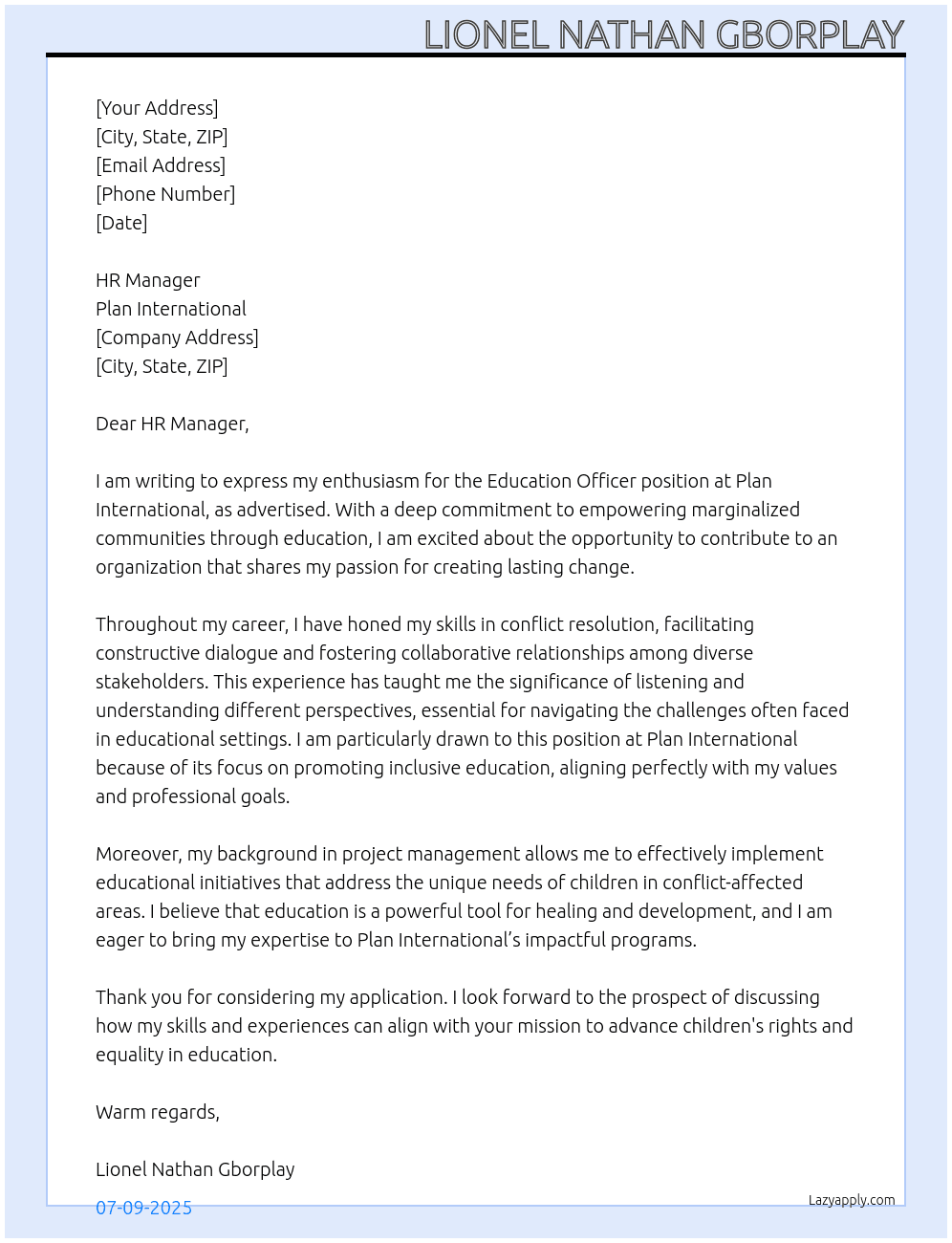 Education Officer At Plan International  Cover Letter
