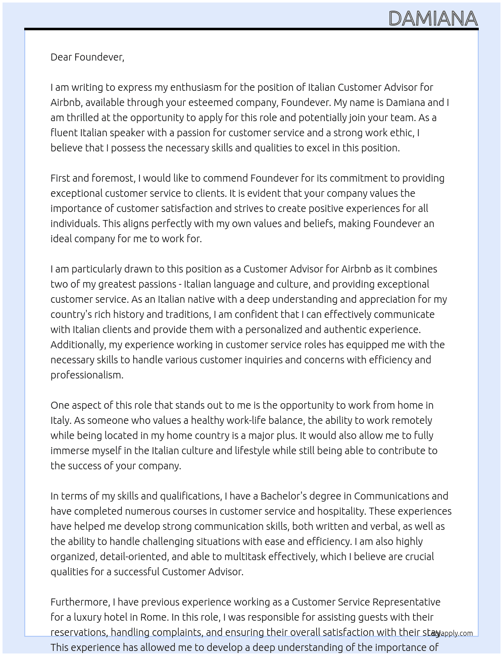 Cover letter for italian customer advisor for airbnb - work from home, italy - LazyApply