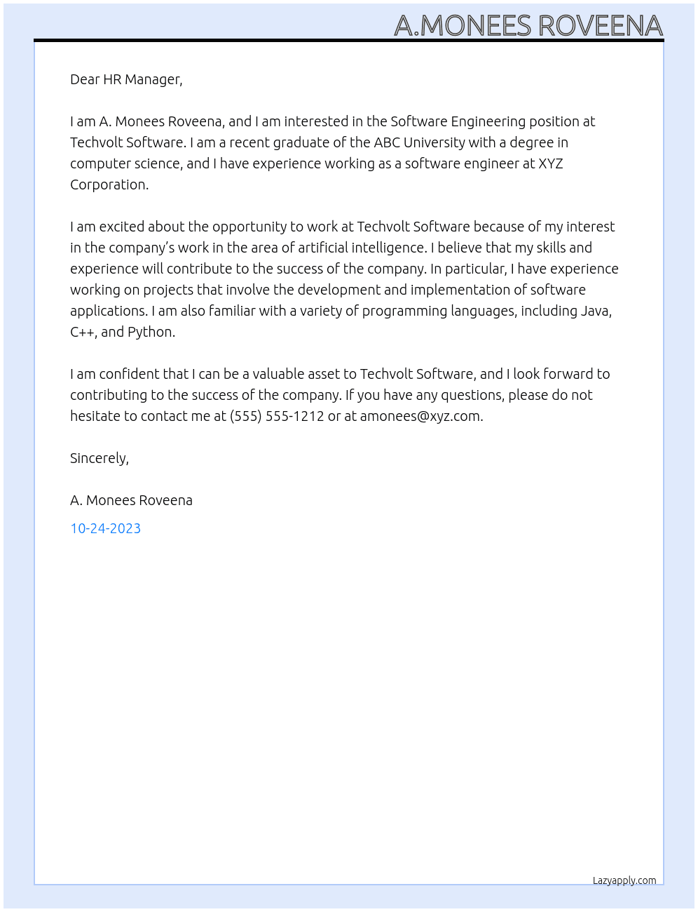 Software engineering  At Techvolt software  Cover Letter
