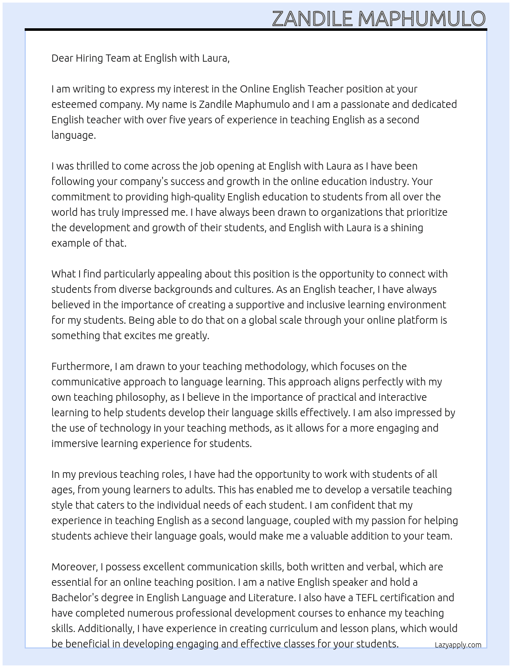 online english teacher At english with laura Cover Letter