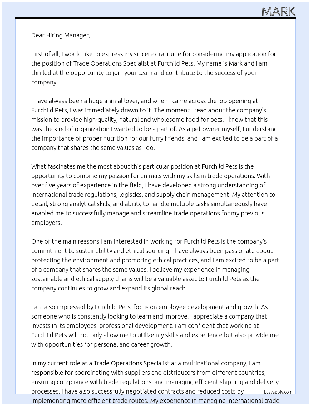 Trade Operations Specialist At Furchild Pets Cover Letter