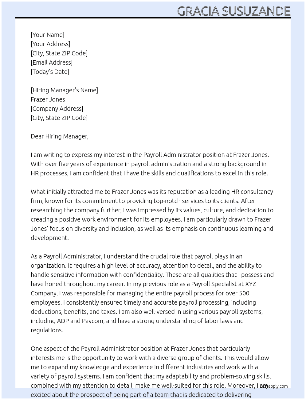 Payroll Administrator  At Frazer Jones Cover Letter