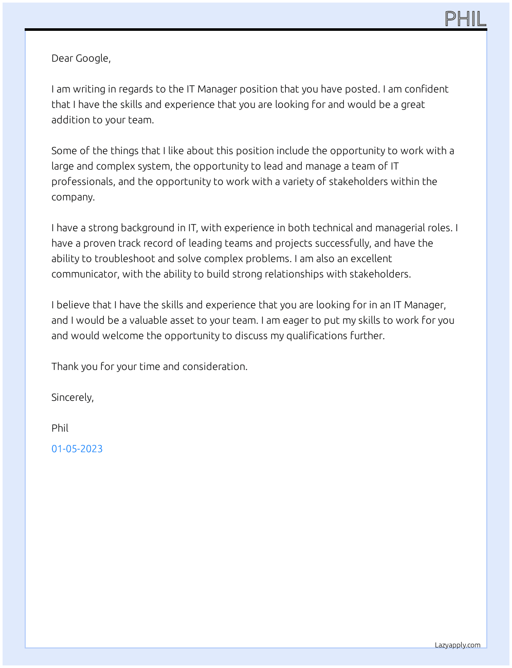 it manager At google Cover Letter